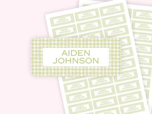 Personalized name label stickers - Green Gingham