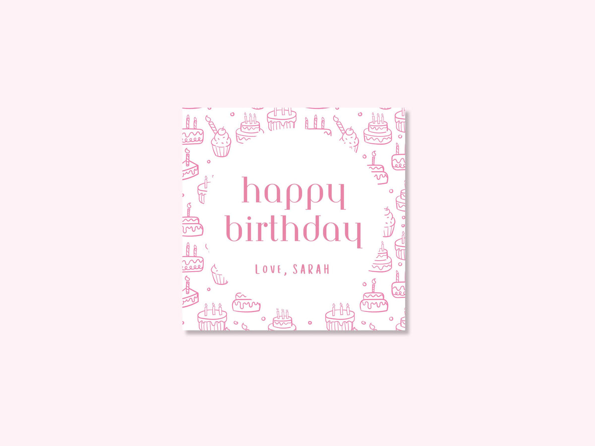 Personalized pink cake birthday enclosure cards