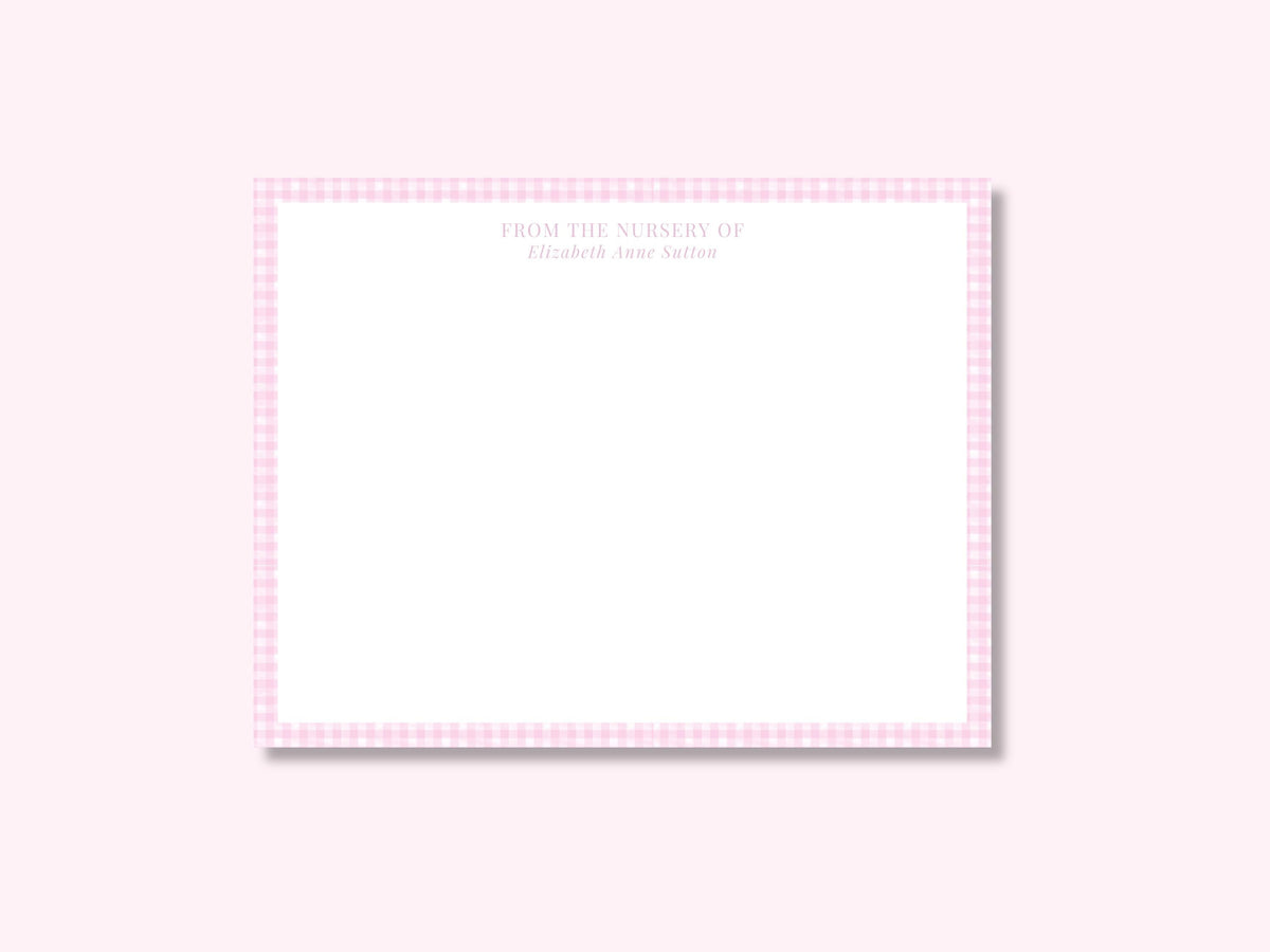 Personalized pink gingham baby girl stationery set