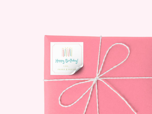 Personalized birthday stickers on matte white paper
