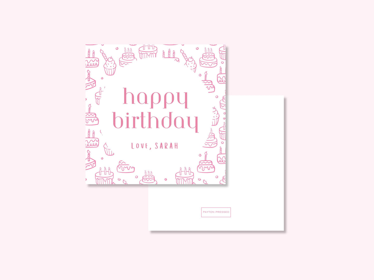 Personalized pink cake birthday enclosure cards