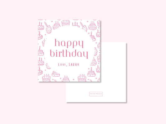 Personalized pink cake birthday enclosure cards