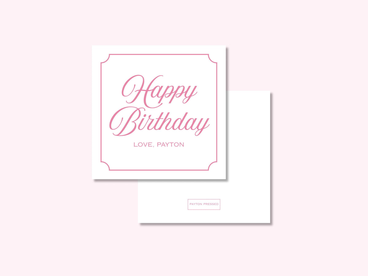 Personalized pink cursive birthday enclosure cards