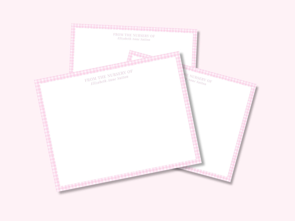 Personalized pink gingham baby girl stationery set
