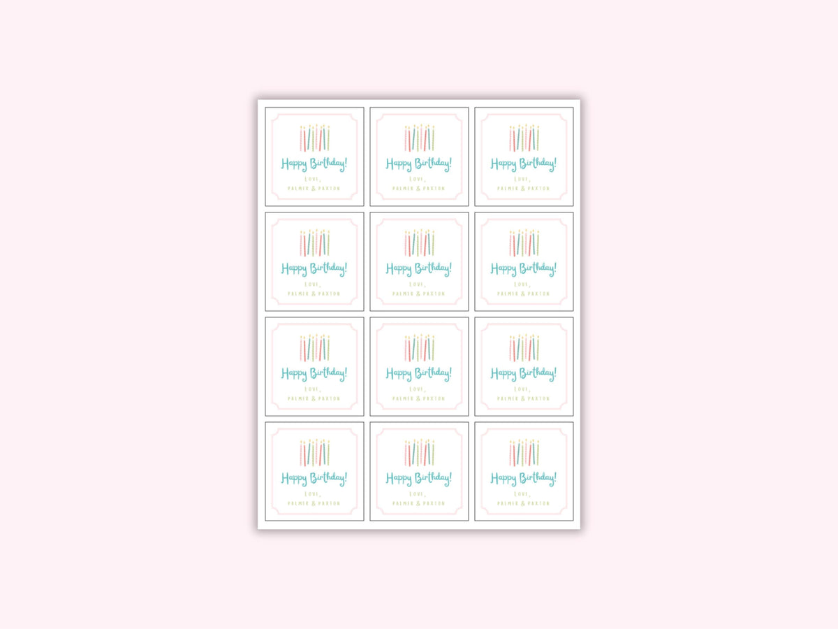 Personalized birthday stickers on matte white paper
