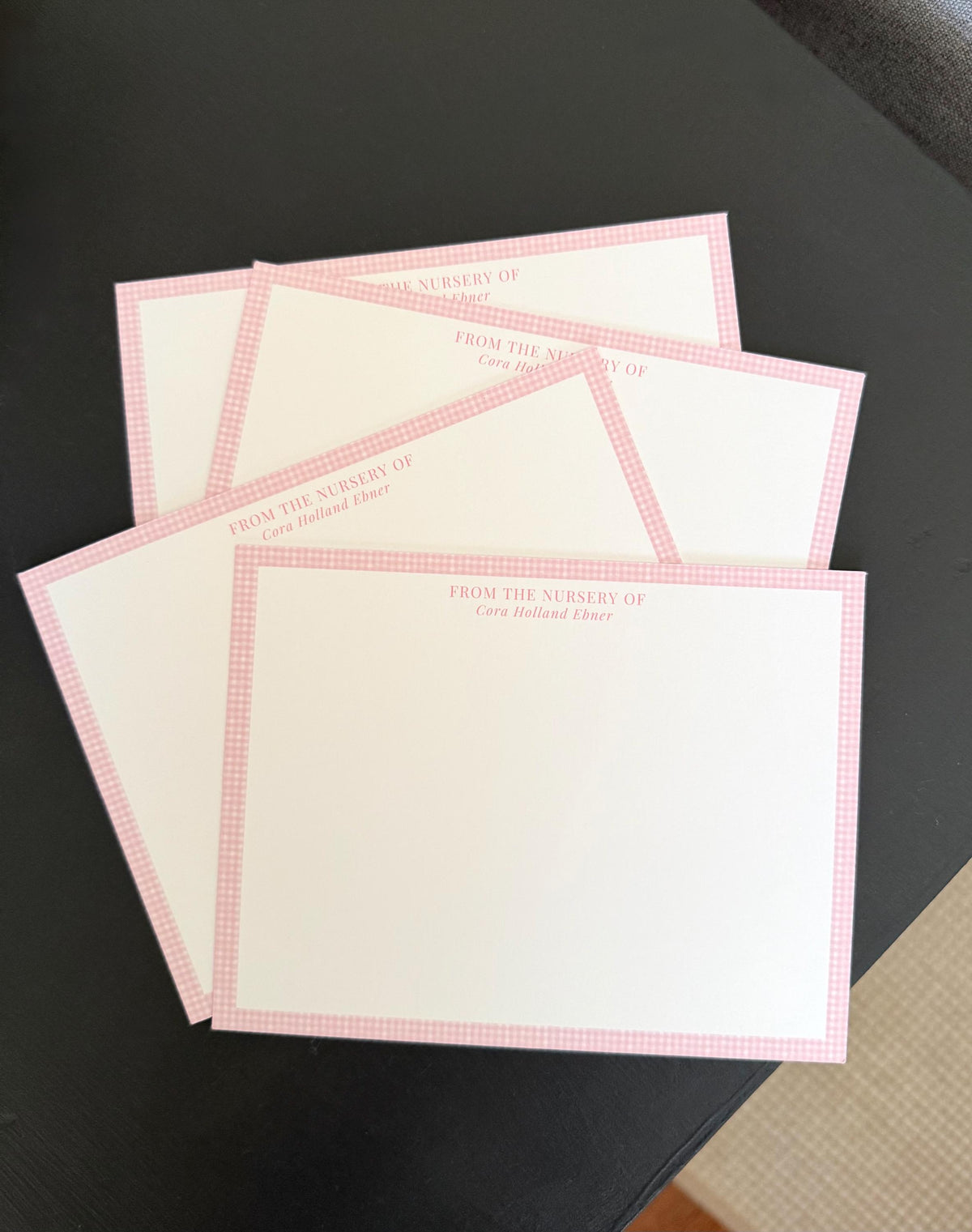 Personalized pink gingham baby girl stationery set