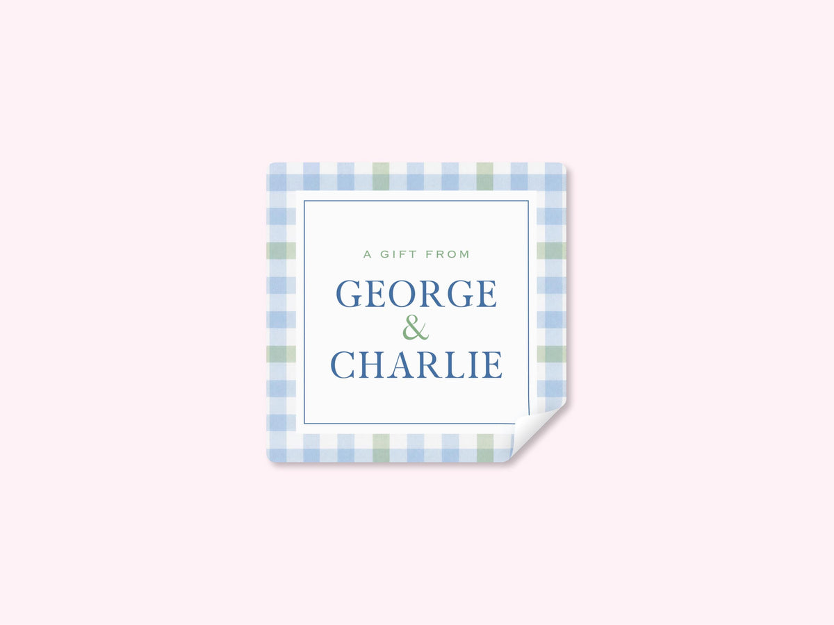 Custom name gift tag stickers in blue and green gingham