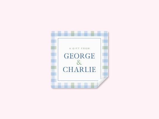 Custom name gift tag stickers in blue and green gingham