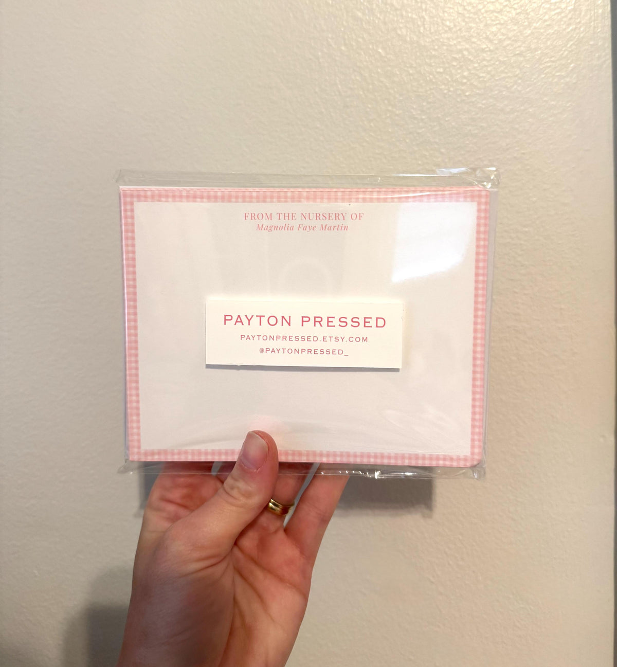Personalized pink gingham baby girl stationery set