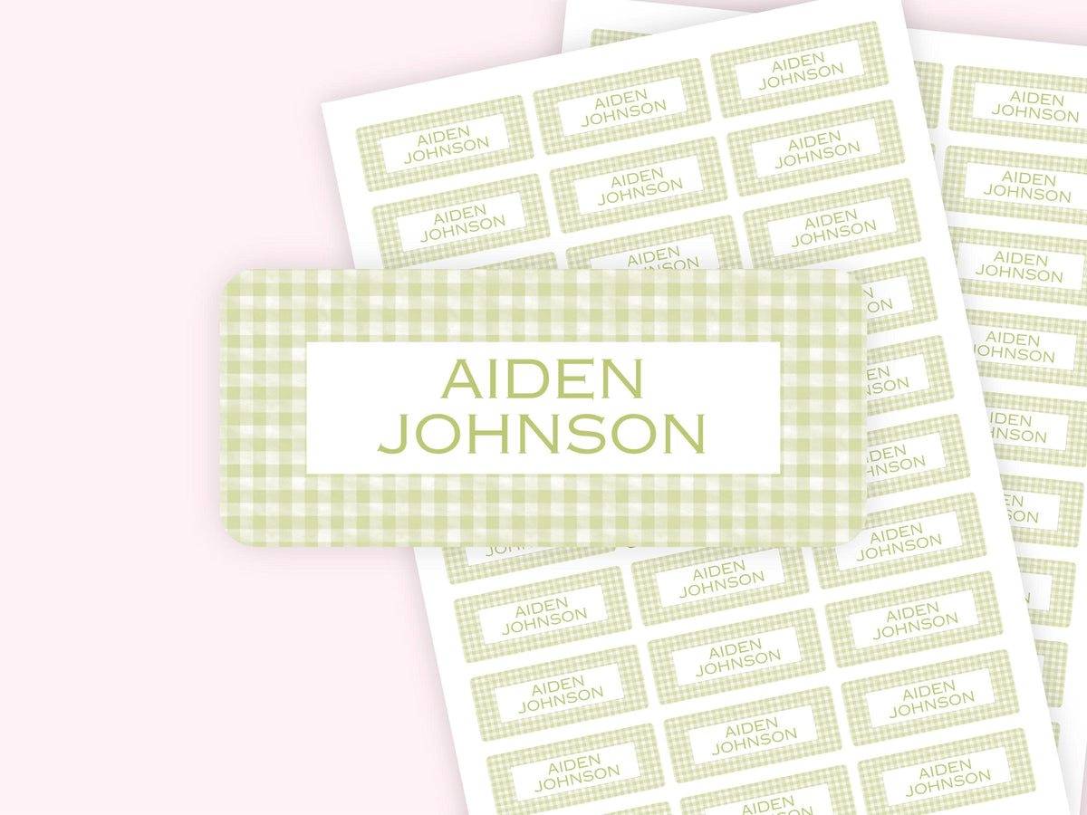 Personalized name label stickers - Green Gingham
