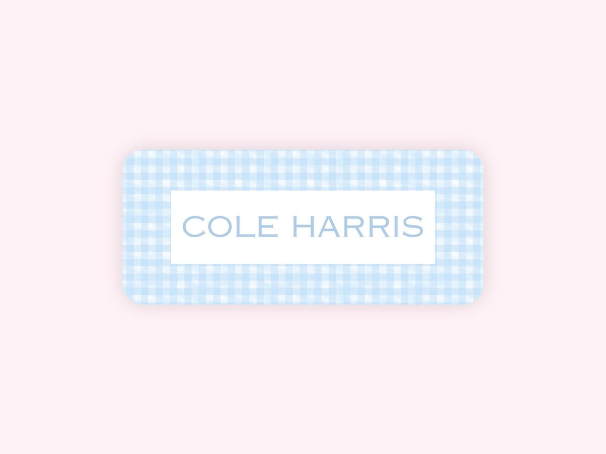 Personalized name label stickers - Baby Blue Gingham