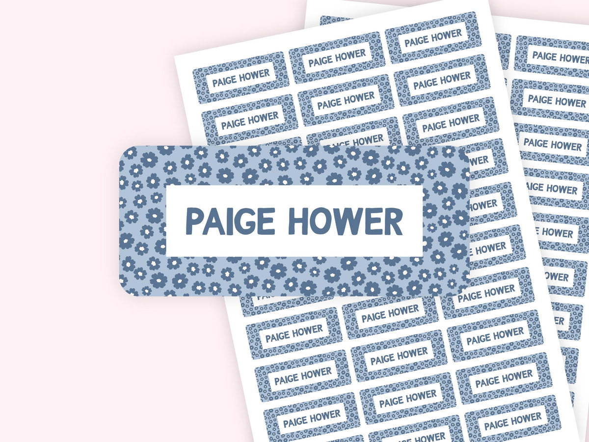 Personalized name label stickers - Blue Flowers