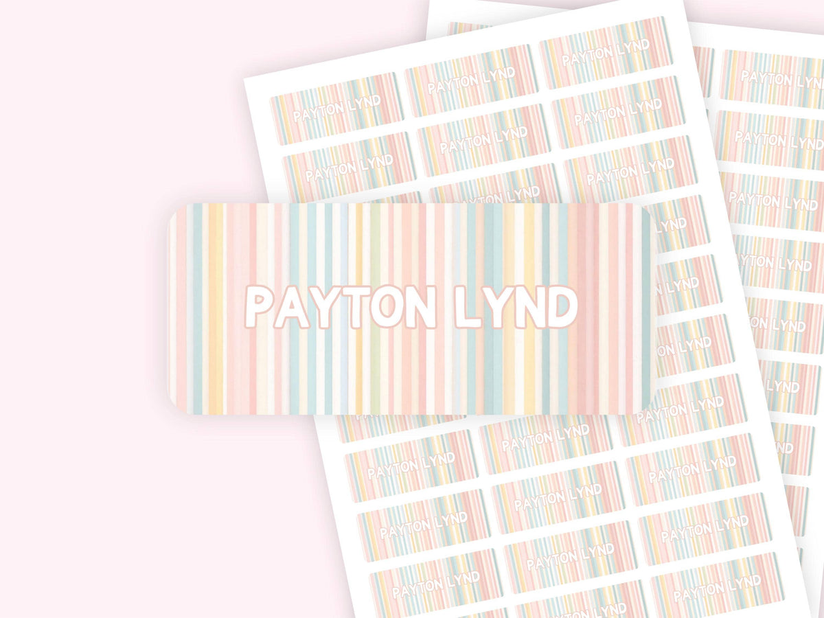 Personalized name label stickers - Pastel Stripes Bold Letters