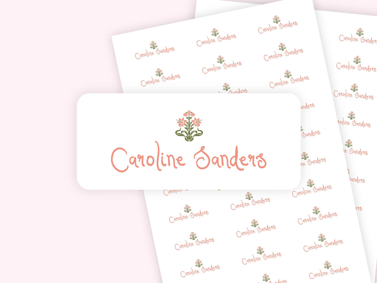 Personalized name label stickers - Green and Coral Flower