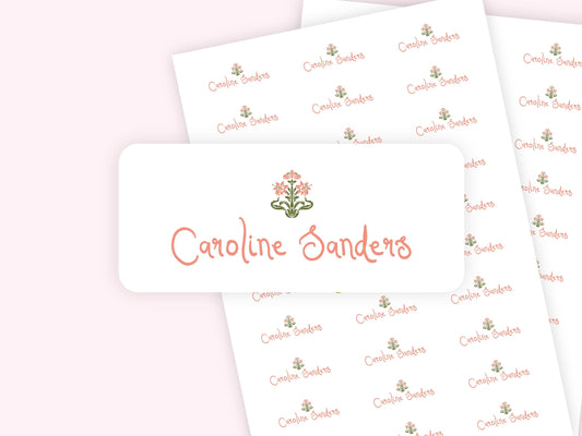 Personalized name label stickers - Green and Coral Flower