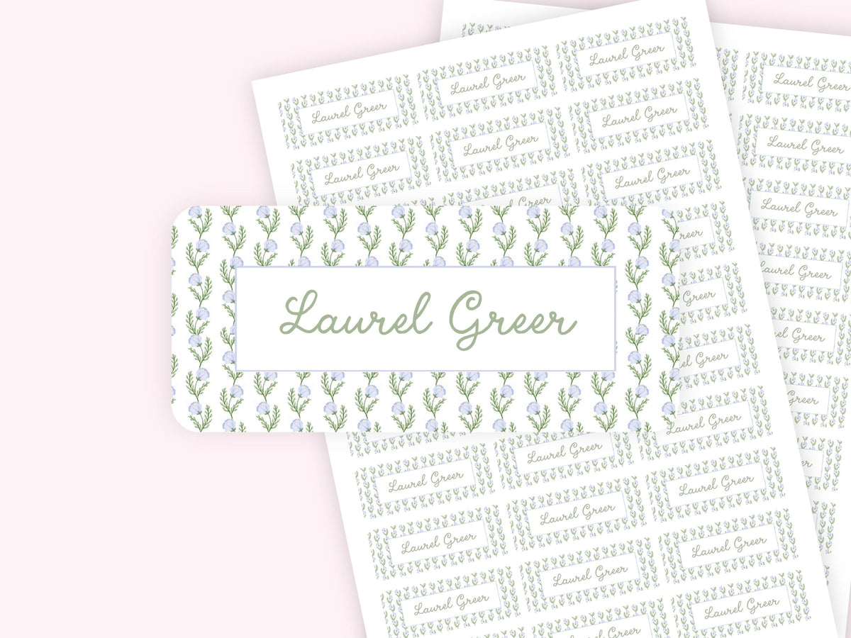 Personalized name label stickers - Blue and Green Watercolor Flowers