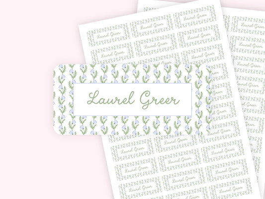 Personalized name label stickers - Blue and Green Watercolor Flowers