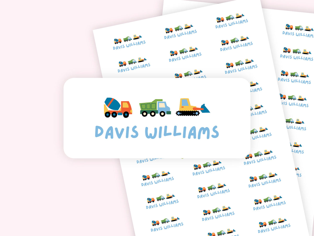 Personalized name label stickers - Construction Trucks