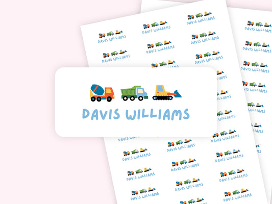 Personalized name label stickers - Construction Trucks