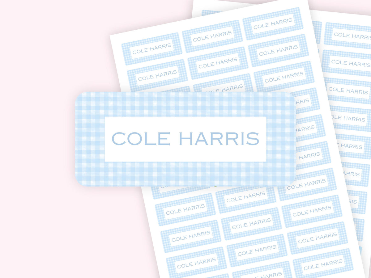 Personalized name label stickers - Baby Blue Gingham