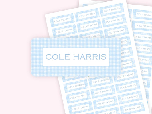Personalized name label stickers - Baby Blue Gingham