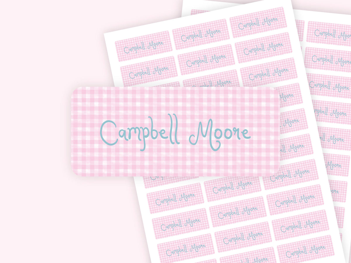 Personalized name label stickers - Pink Gingham