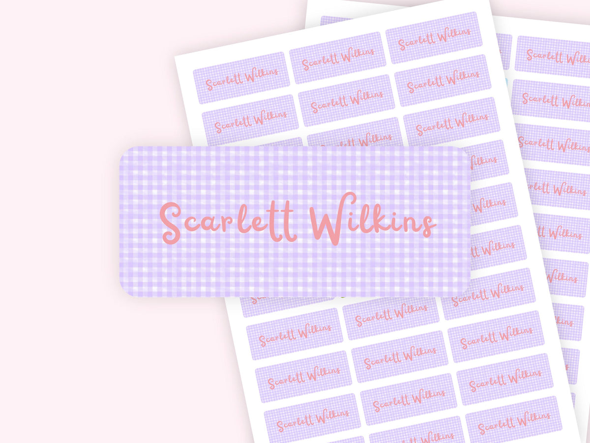 Personalized name label stickers - Purple Gingham