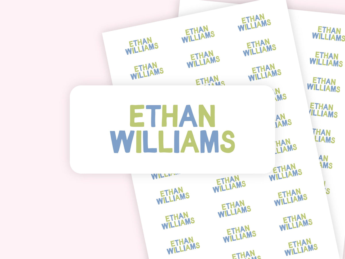 Personalized Name Labels Stickers - Boys Blue and Green Letters